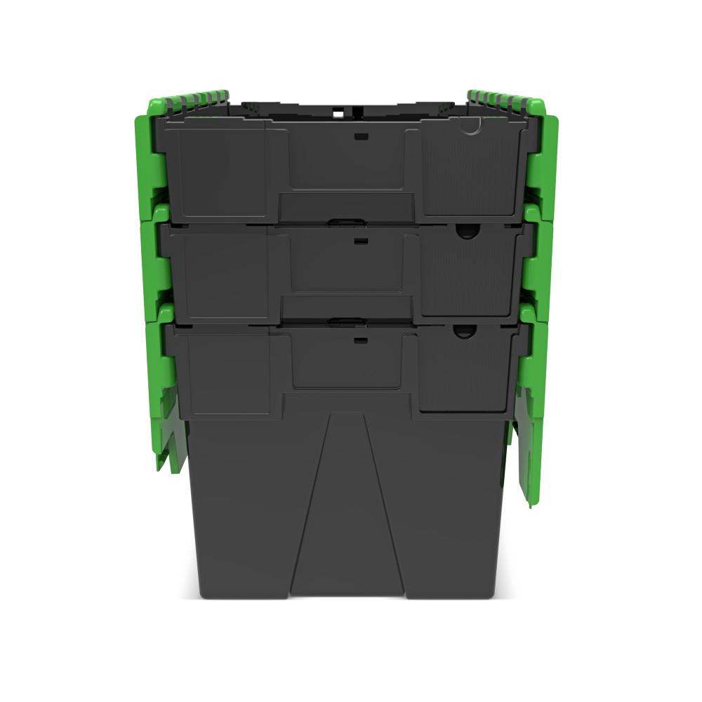 Immagine del prodotto n. 9: Contenitore impilabile multiplo in rigranulato di PP con coperchio ribaltabile, nero/verde, 65 litri, 1 pz/UV