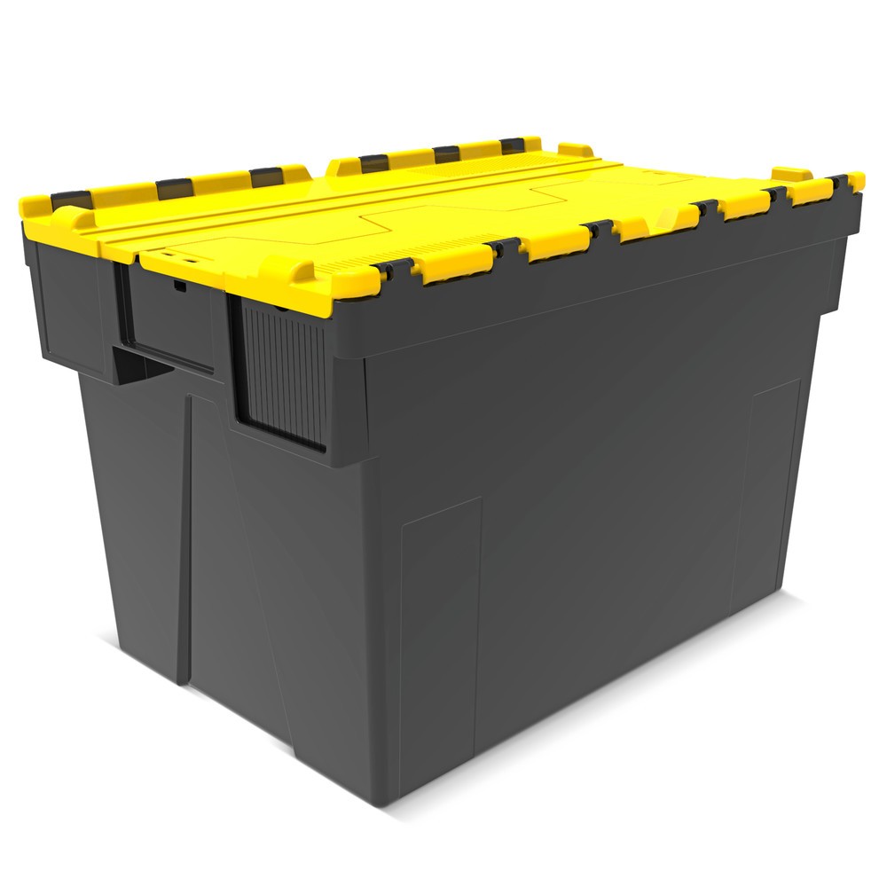 Immagine del prodotto n. 1: Contenitore impilabile multiplo in rigranulato di PP con coperchio ribaltabile, nero/giallo, 77 litri, 1 pz/UV