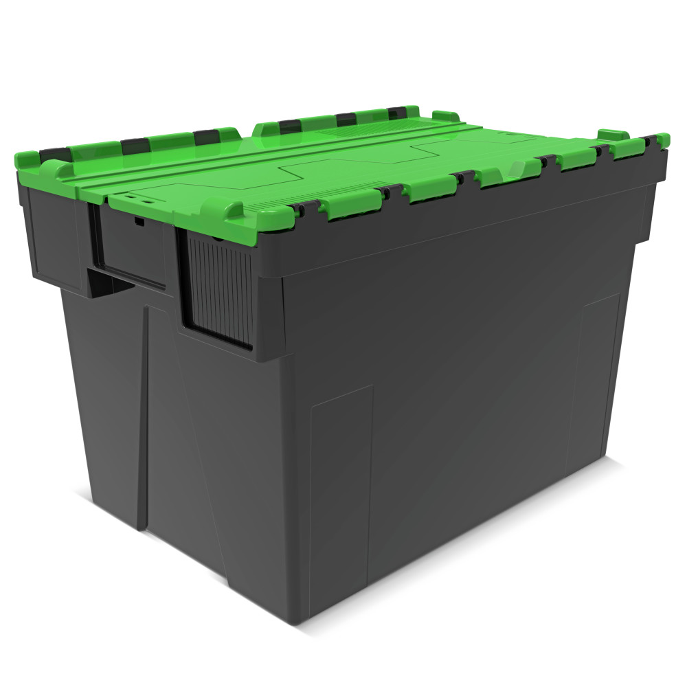 Immagine del prodotto: Contenitore impilabile multiplo in rigranulato di PP con coperchio ribaltabile, nero/verde, 77 litri, 1 pz/UV