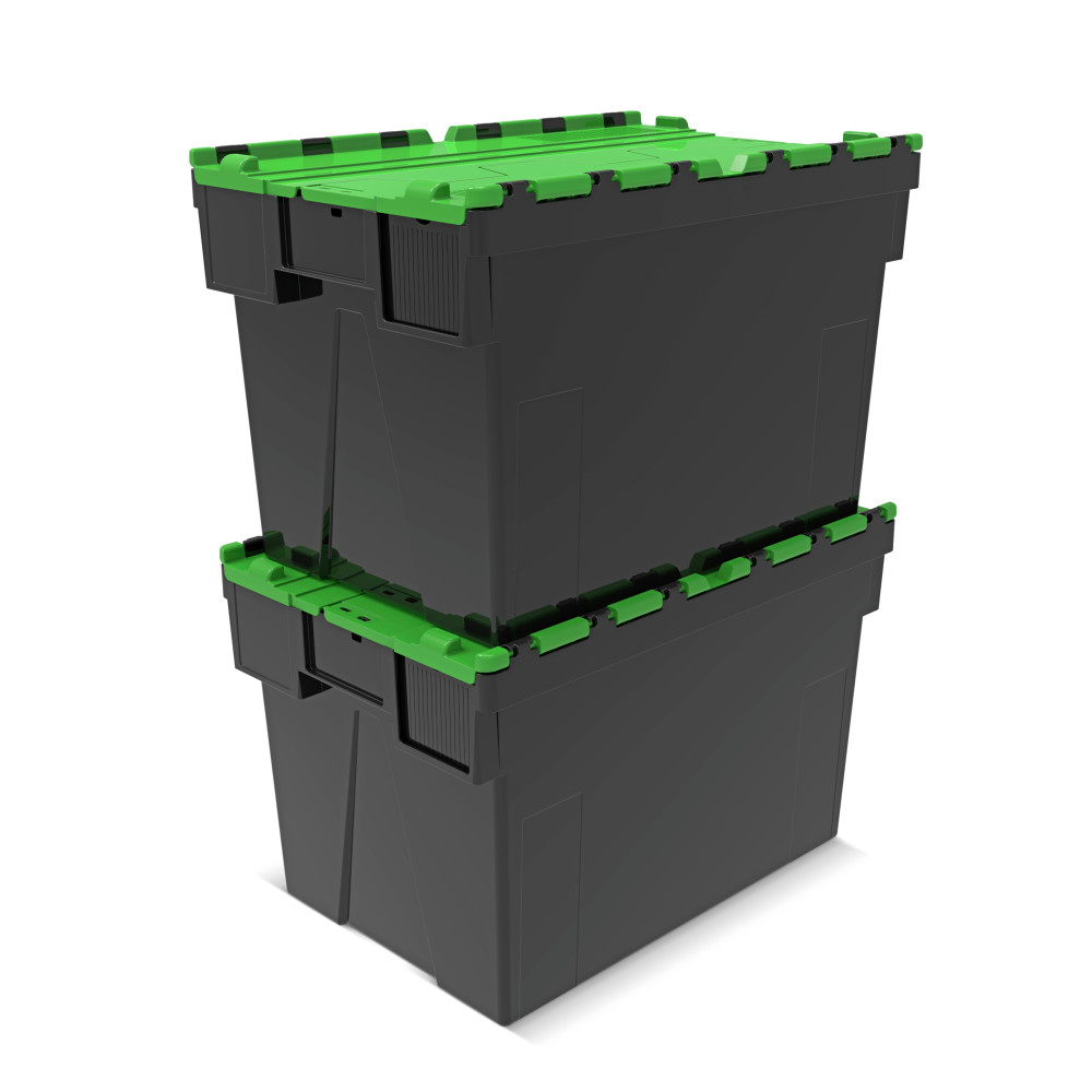 Immagine del prodotto n. 7: Contenitore impilabile multiplo in rigranulato di PP con coperchio ribaltabile, nero/verde, 77 litri, 1 pz/UV