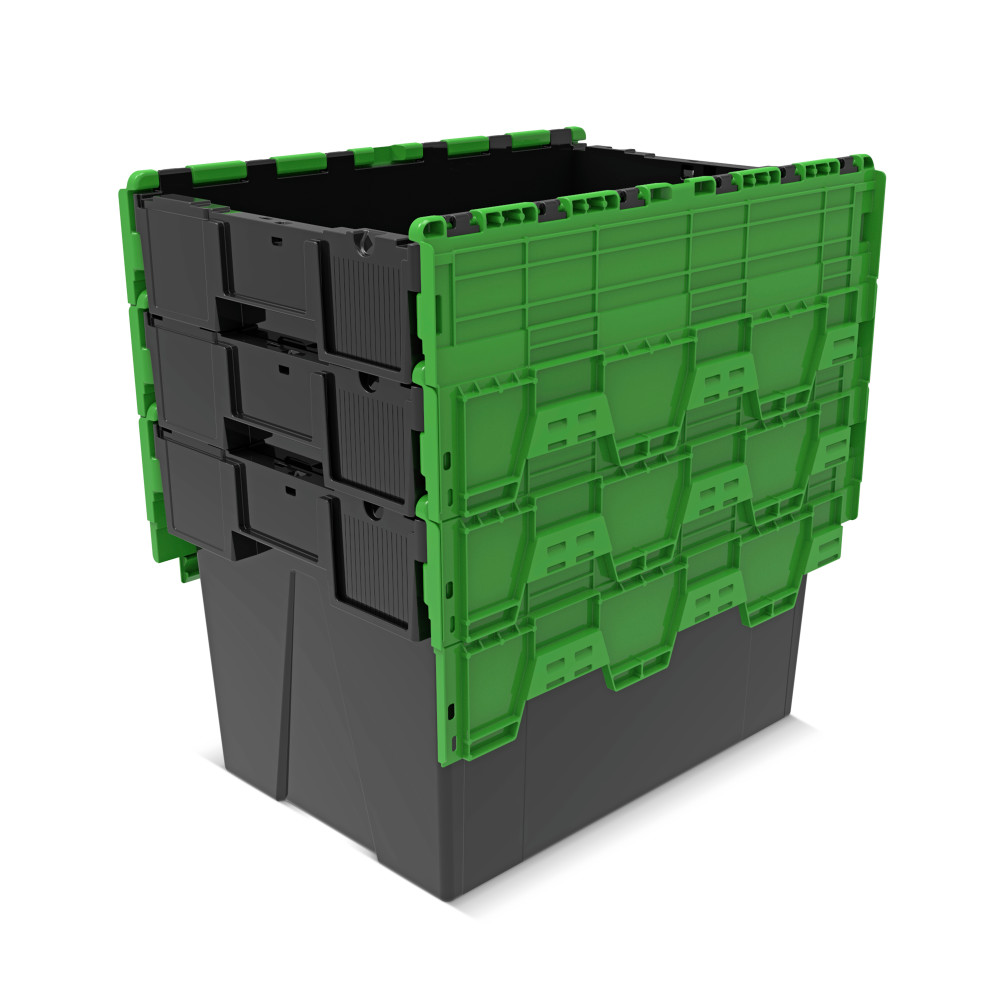 Immagine del prodotto n. 8: Contenitore impilabile multiplo in rigranulato di PP con coperchio ribaltabile, nero/verde, 77 litri, 1 pz/UV