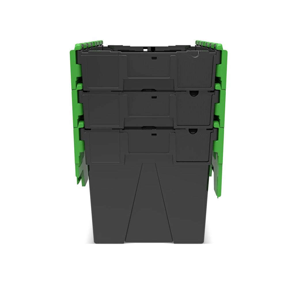 Immagine del prodotto n. 9: Contenitore impilabile multiplo in rigranulato di PP con coperchio ribaltabile, nero/verde, 77 litri, 1 pz/UV