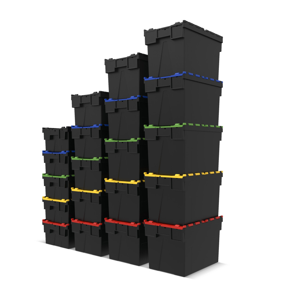 Immagine del prodotto n. 6: Contenitore impilabile multiplo in rigranulato di PP con coperchio ribaltabile, nero/giallo, 77 litri, 1 pz/UV