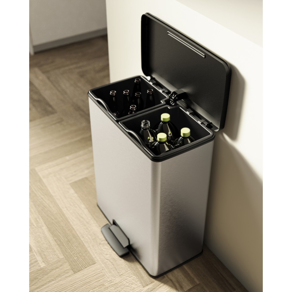 Immagine del prodotto n. 9: Contenitore per rifiuti a pedale DECOBIN Duo, rettangolare, 2x26 litri, argento/nero