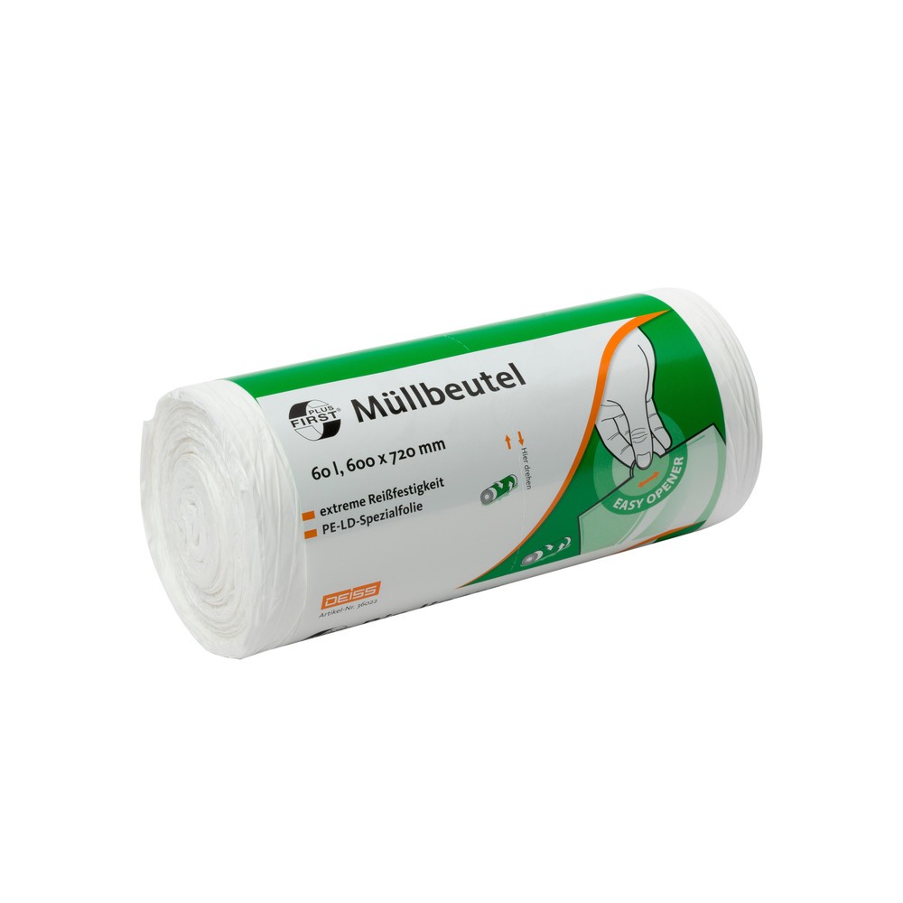Immagine del prodotto: DEISS FIRST PLUS Sacchetti per rifiuti, 60 l, 600 x 720 mm, LDPE, 50 pezzi/rotolo, 20 rotoli/SU