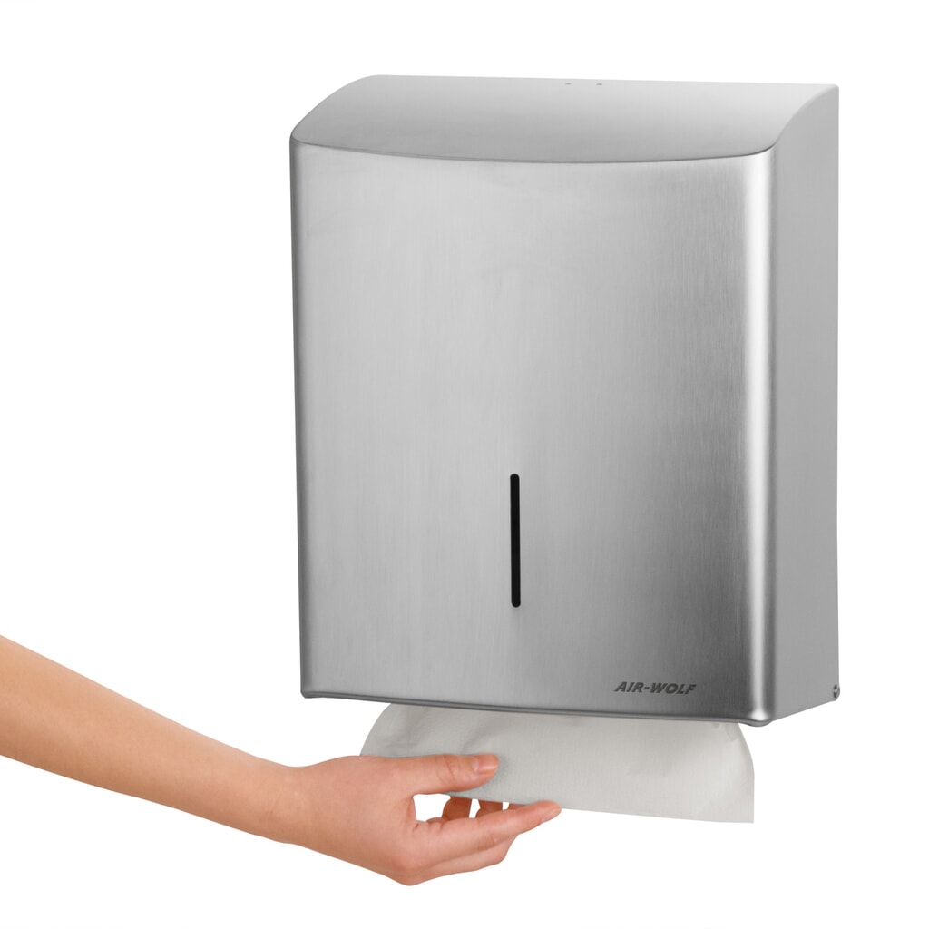 Distributore di asciugamani di carta Air-Wolf per un massimo di 600 asciugamani piegati, acciaio inox spazzolato Immagine del prodotto n. 5: Distributore di asciugamani di carta Air-Wolf per un massimo di 600 asciugamani piegati, acciaio inox spazzolato