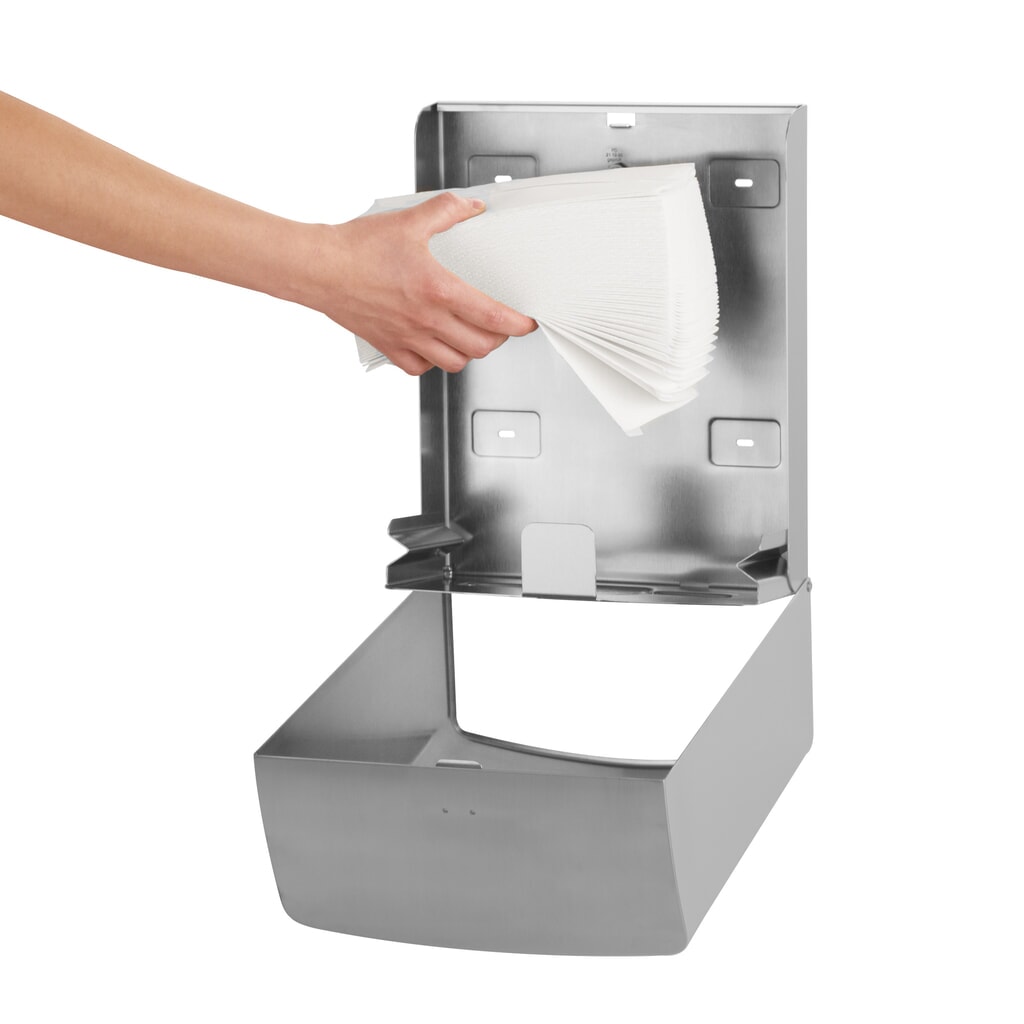 Distributore di asciugamani di carta Air-Wolf per un massimo di 600 asciugamani piegati, acciaio inox spazzolato Immagine del prodotto n. 7: Distributore di asciugamani di carta Air-Wolf per un massimo di 600 asciugamani piegati, acciaio inox spazzolato
