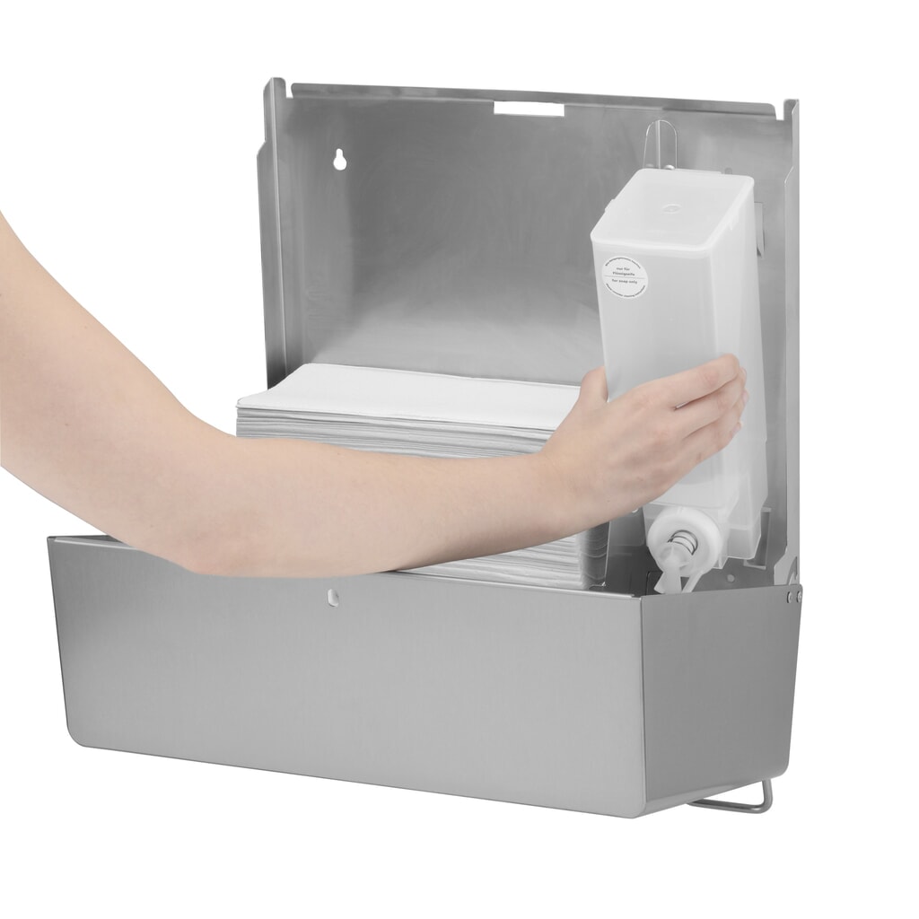 Distributore di carta e sapone Air-Wolf combinato a destra in acciaio inox spazzolato Immagine del prodotto n. 4: Distributore di carta e sapone Air-Wolf combinato a destra in acciaio inox spazzolato