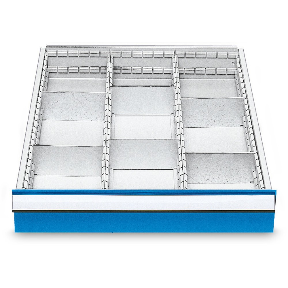 Immagine del prodotto: Divisorio per cassetti in metallo per banchi da lavoro in serie Bedrunka+Hirth, per altezza frontale 150 mm, 9 scomparti