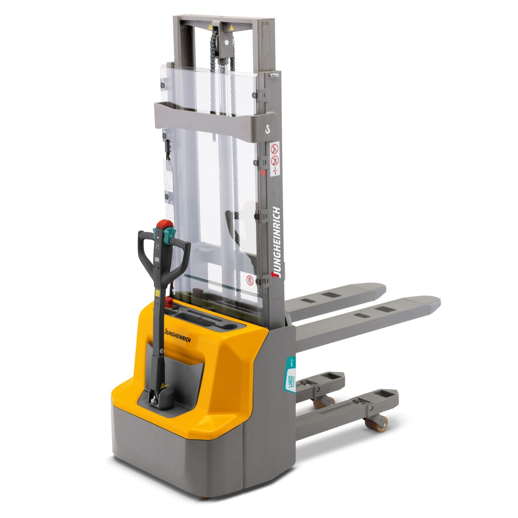 Immagine del prodotto: Jungheinrich stoccatore elettrico a ioni di litio AMC 12z, portata 1.200 kg, doppio montante telescopico, altezza di sollevamento 2900 mm.