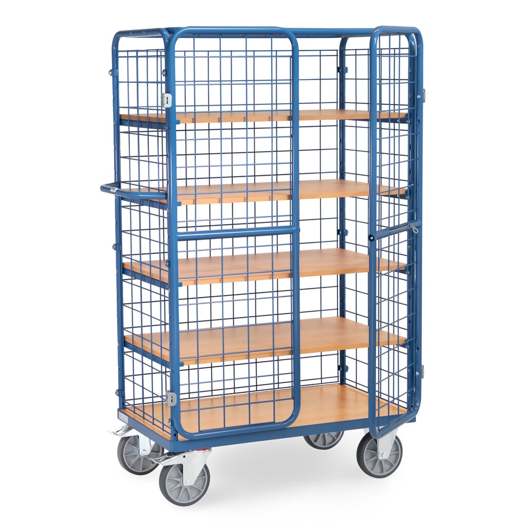 Immagine del prodotto: fetra® Carrello armadio, capacità di carico 600kg, pareti in rete, con doppio sportello basculante, 5 ripiani da 1.000 x 600 mm