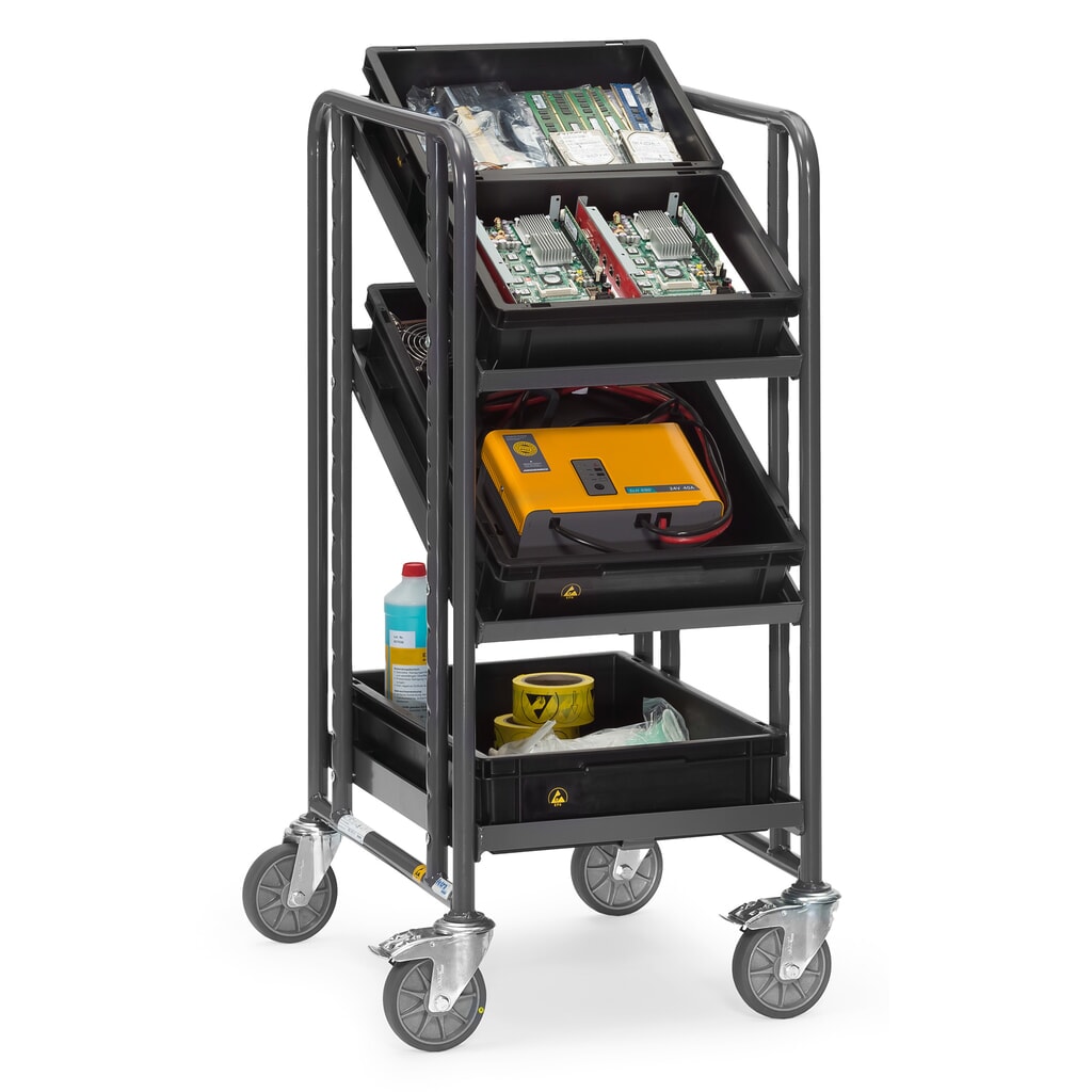 Immagine del prodotto n. 3: fetra® carrello da pavimento ESD Eurobox, capacità di carico 250 kg, 3 zone di carico 410 x 610 mm, senza ripiani