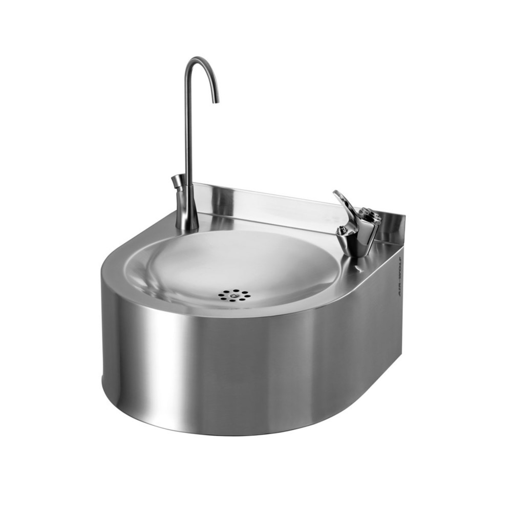 Immagine del prodotto: Fontanella Air-Wolf con pulsante e rubinetto per il riempimento delle bottiglie, bacinella a parete in acciaio inox V2A spazzolato