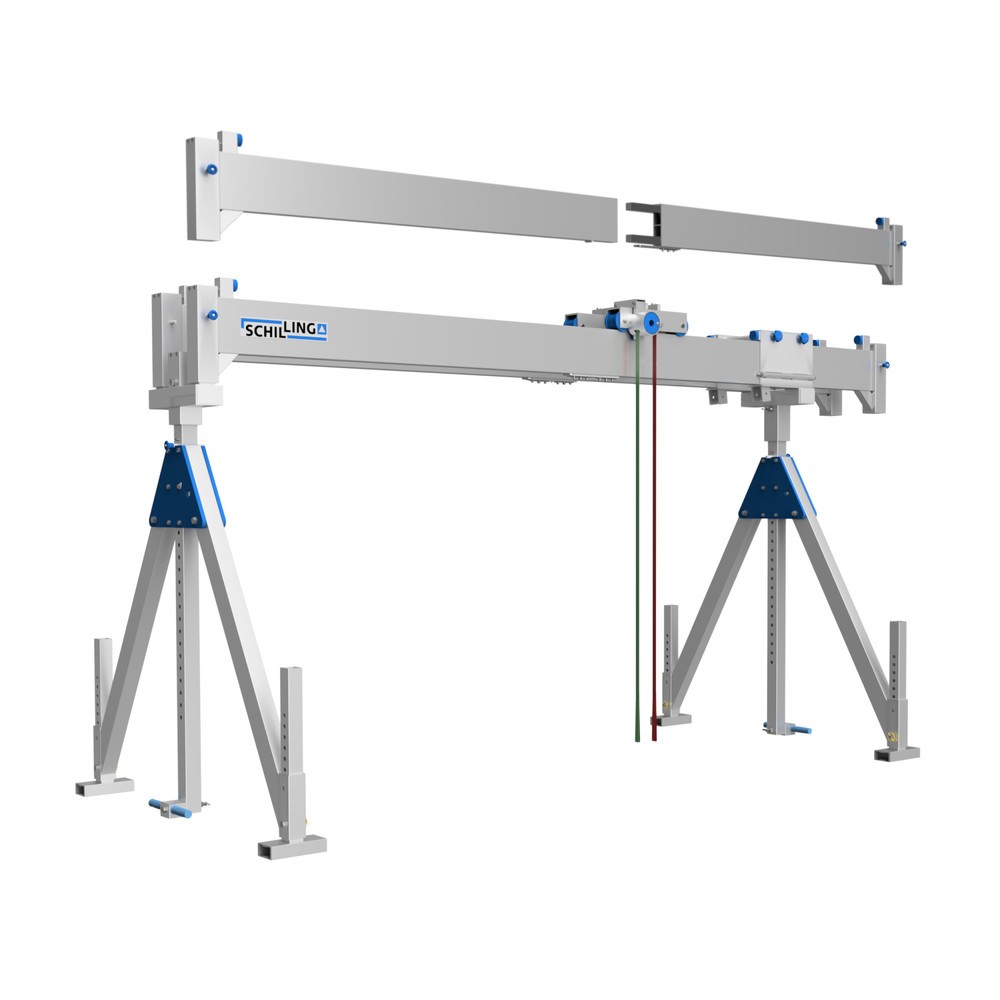 Immagine del prodotto: Gru a portale in alluminio con doppia traversa divisibile, punto di aggancio 2.155-3.655 mm, portata 1.000 kg
