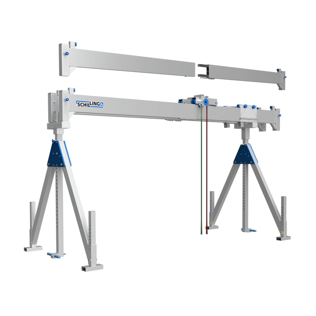 Gru a portale in alluminio con doppia traversa divisibile, punto di aggancio 2.786-4.336 mm, portata 2.000 kg Immagine del prodotto: Gru a portale in alluminio con doppia traversa divisibile, punto di aggancio 2.786-4.336 mm, portata 2.000 kg