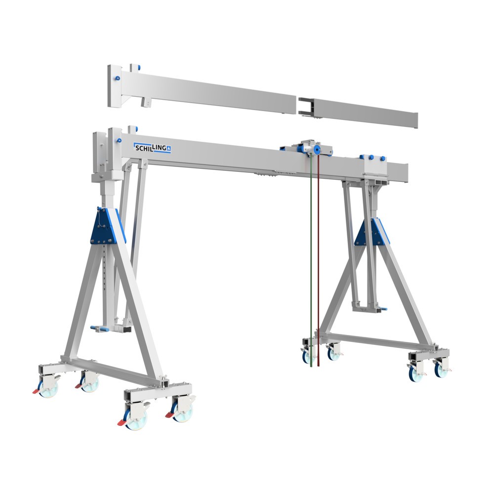 Immagine del prodotto: Gru a portale in alluminio con doppia traversa divisibile, mobile, punto di aggancio 2.613-3.363 mm, portata 2.000 kg