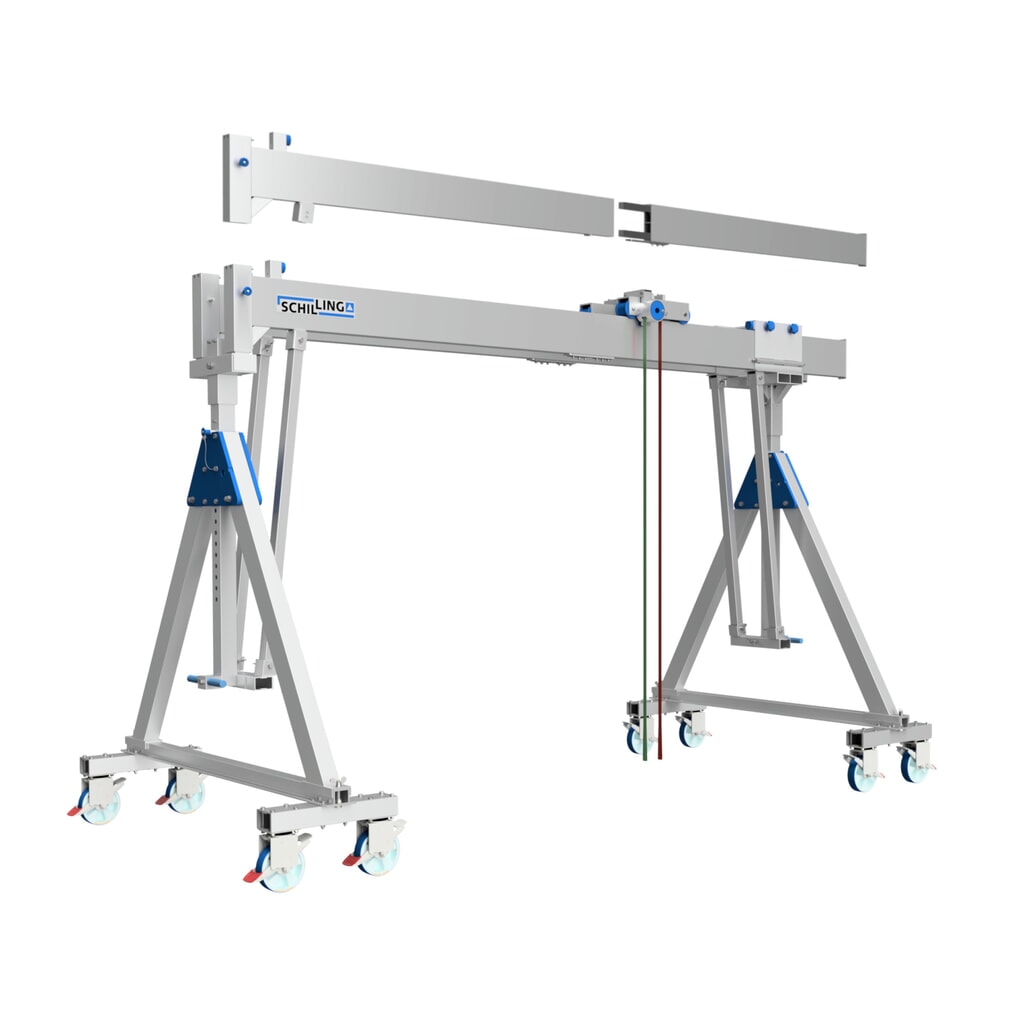 Immagine del prodotto n. 1: Gru a portale in alluminio con doppia traversa divisibile, mobile, punto di aggancio 2.613-3.363 mm, portata 3.000 kg