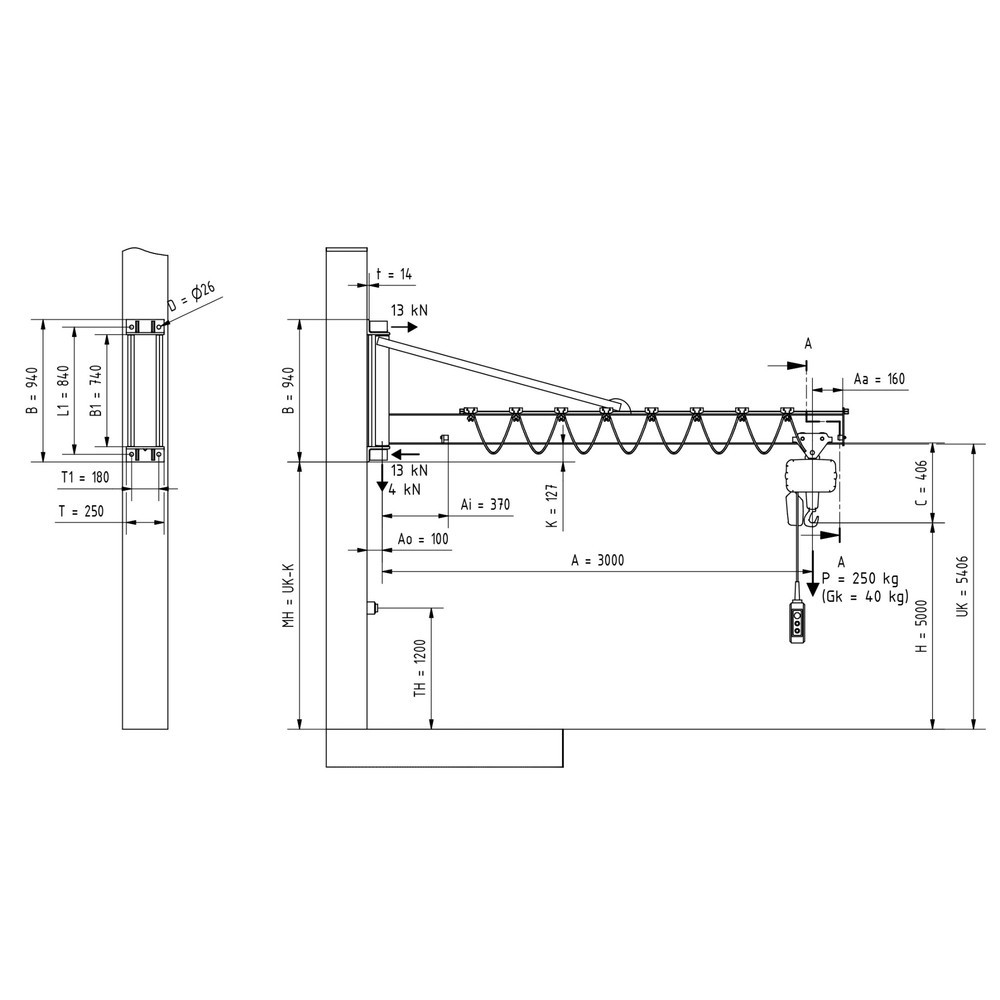 Immagine del prodotto n. 2: Gru orientabile VETTER® incl. paranco elettrico a catena LIFTKET, versione da parete con ancoraggio, sbraccio 3.000 mm, portata 250 kg