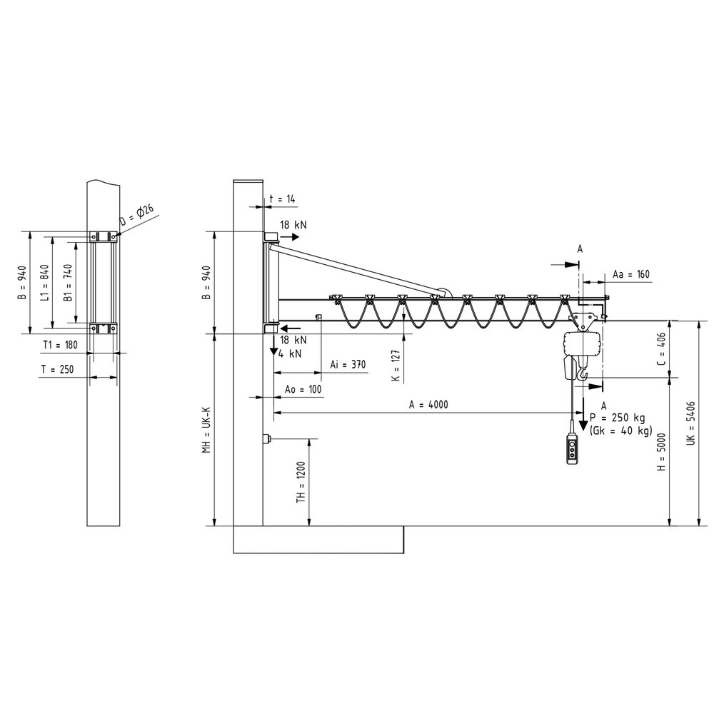Immagine del prodotto n. 2: Gru orientabile VETTER® incl. paranco elettrico a catena LIFTKET, versione da parete con ancoraggio, sbraccio 4.000 mm, portata 250 kg