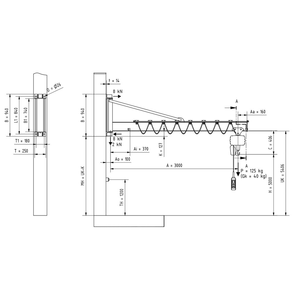 Immagine del prodotto n. 2: Gru orientabile VETTER® incl. paranco elettrico a catena LIFTKET, versione da parete con ancoraggio, sbraccio 3.000 mm, portata 125 kg