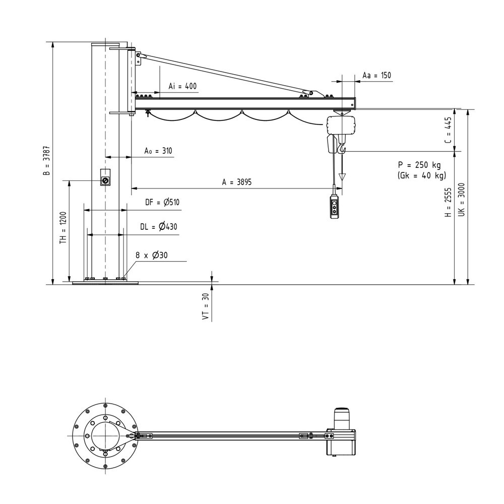 Immagine del prodotto n. 3: Gru orientabile VETTER® incl. paranco elettrico a catena LIFTKET, versione a colonna, sbraccio 3.900 mm, portata 250 kg