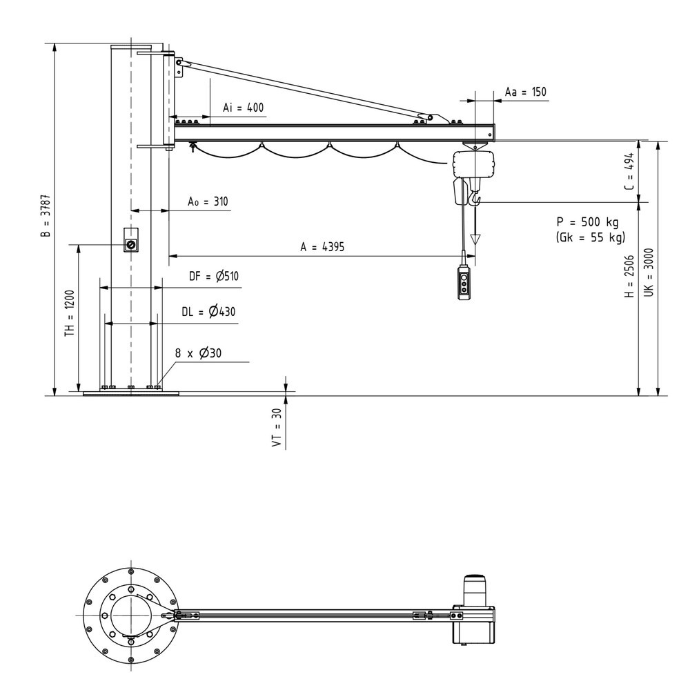Immagine del prodotto n. 2: Gru orientabile VETTER® incl. paranco elettrico a catena LIFTKET, versione a colonna, sbraccio 4.400 mm, portata 500 kg