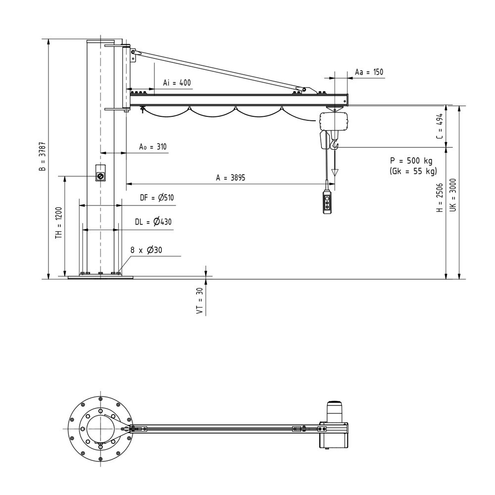 Immagine del prodotto n. 2: Gru orientabile VETTER® incl. paranco elettrico a catena LIFTKET, versione a colonna, sbraccio 3.900 mm, portata 500 kg