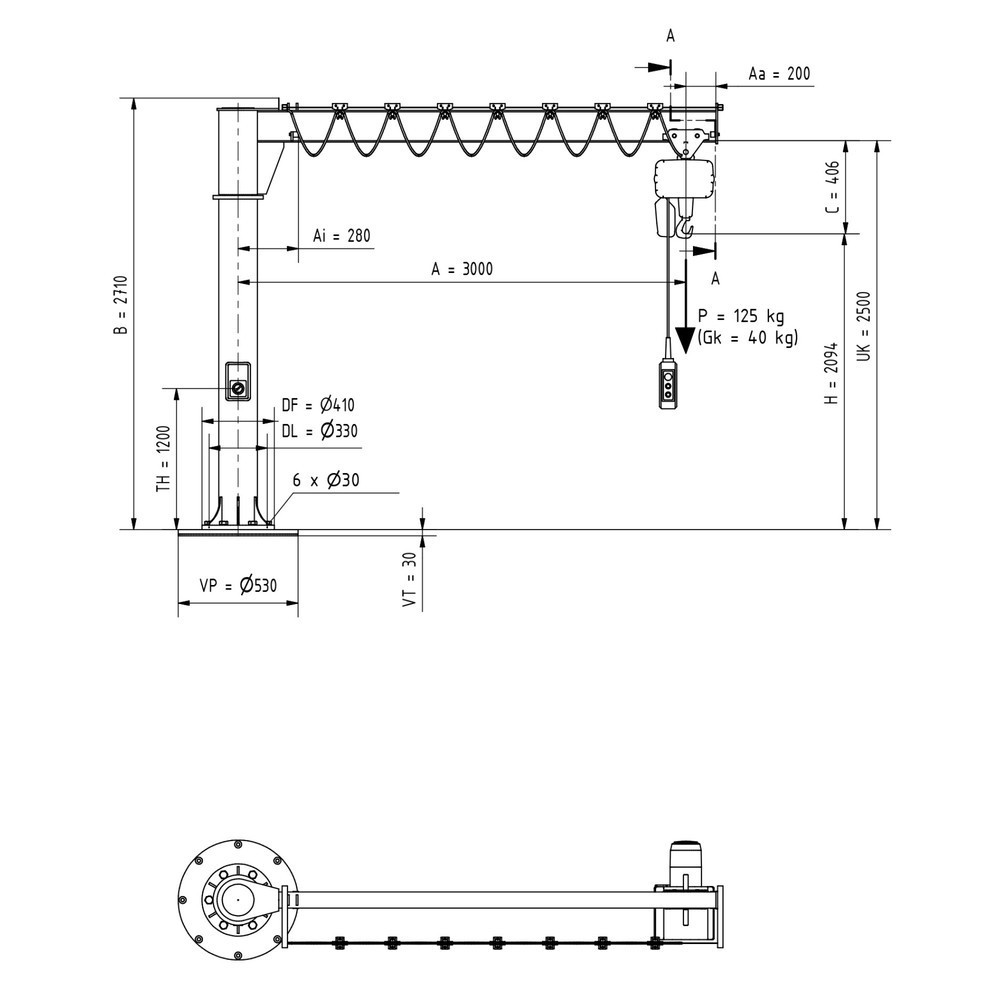 Immagine del prodotto n. 2: Gru orientabile VETTER® incl. paranco elettrico a catena LIFTKET, versione a colonna, raggio di rotazione 360°, sbraccio 3.000 mm, portata 125 kg