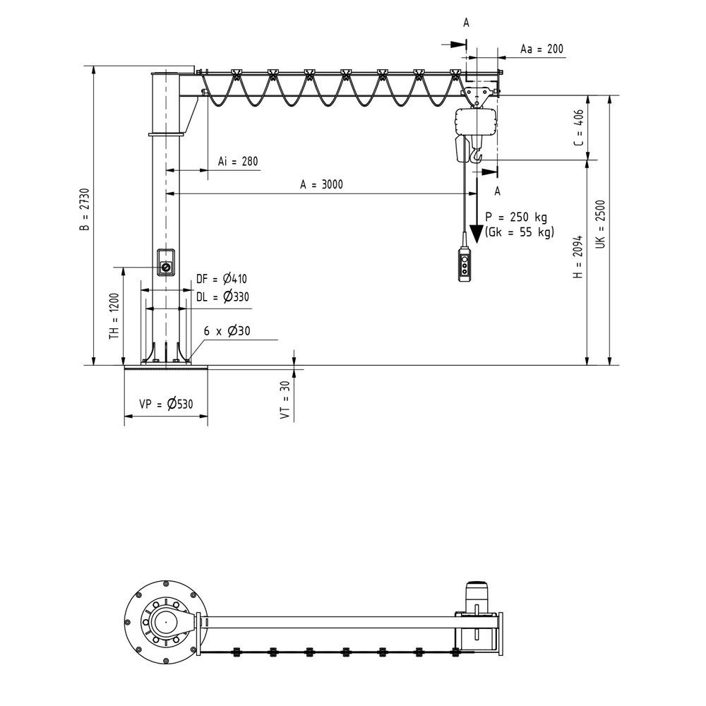 Immagine del prodotto n. 2: Gru orientabile VETTER® incl. paranco elettrico a catena LIFTKET, versione a colonna, raggio di rotazione 360°, sbraccio 3.000 mm, portata 250 kg
