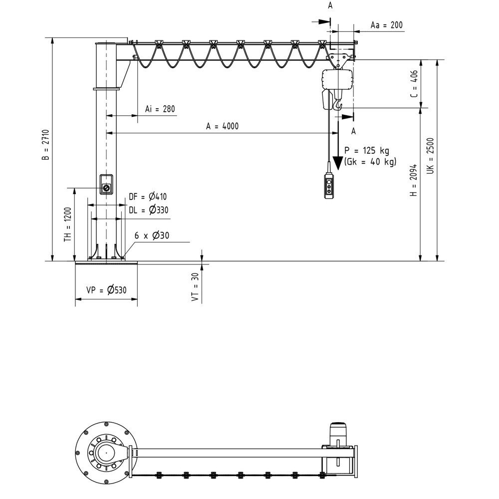Immagine del prodotto n. 3: Gru orientabile VETTER® incl. paranco elettrico a catena LIFTKET, versione a colonna, raggio di rotazione 360°, sbraccio 4.000 mm, portata 125 kg