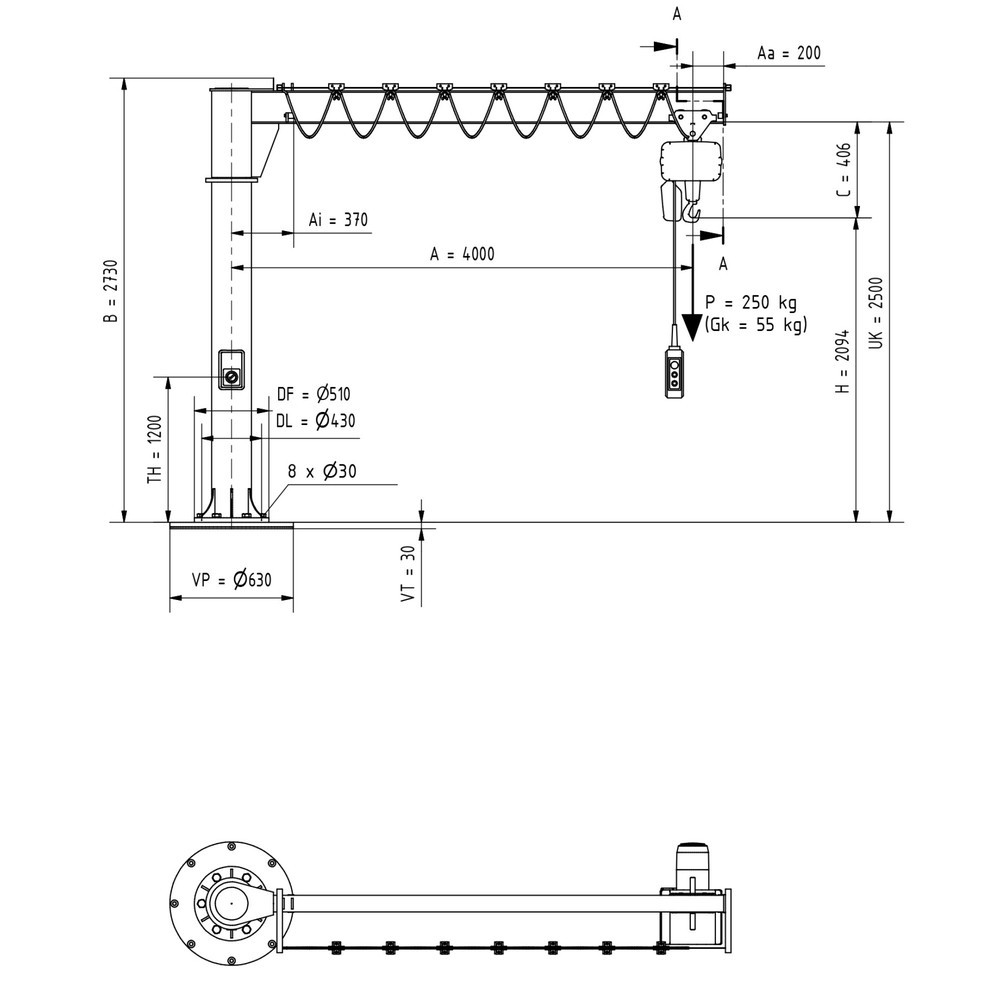 Immagine del prodotto n. 2: Gru orientabile VETTER® incl. paranco elettrico a catena LIFTKET, versione a colonna, raggio di rotazione 360°, sbraccio 4.000 mm, portata 250 kg