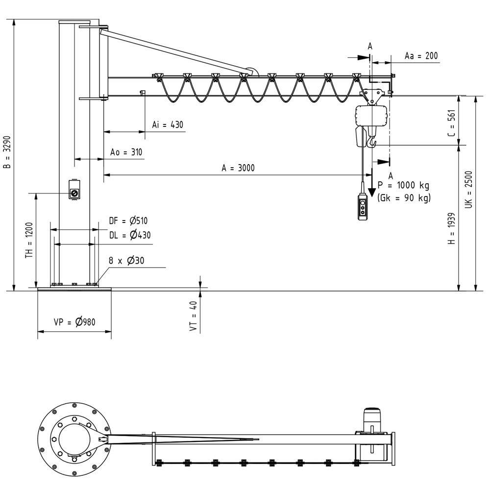 Immagine del prodotto n. 2: Gru orientabile VETTER® incl. paranco elettrico a catena LIFTKET, versione a colonna con ancoraggio, incl. materiale di fissaggio, sbraccio 3.000 mm, portata 1.000 kg