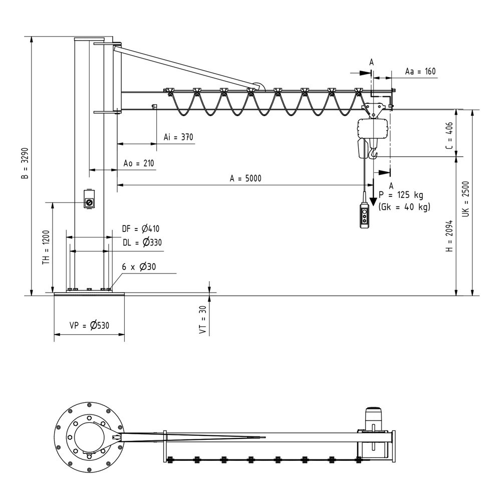 Immagine del prodotto n. 1: Gru orientabile VETTER® incl. paranco elettrico a catena LIFTKET, versione a colonna con ancoraggio, incl. materiale di fissaggio, sbraccio 5.000 mm, portata 125 kg