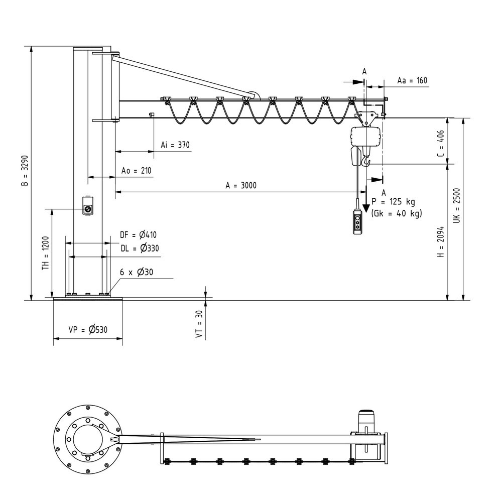 Immagine del prodotto n. 2: Gru orientabile VETTER® incl. paranco elettrico a catena LIFTKET, versione a colonna con ancoraggio, incl. materiale di fissaggio, sbraccio 3.000 mm, portata 125 kg