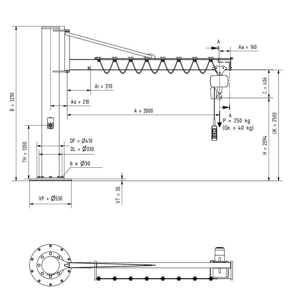 Immagine del prodotto n. 2: Gru orientabile VETTER® incl. paranco elettrico a catena LIFTKET, versione a colonna con ancoraggio, incl. materiale di fissaggio, sbraccio 3.000 mm, portata 250 kg