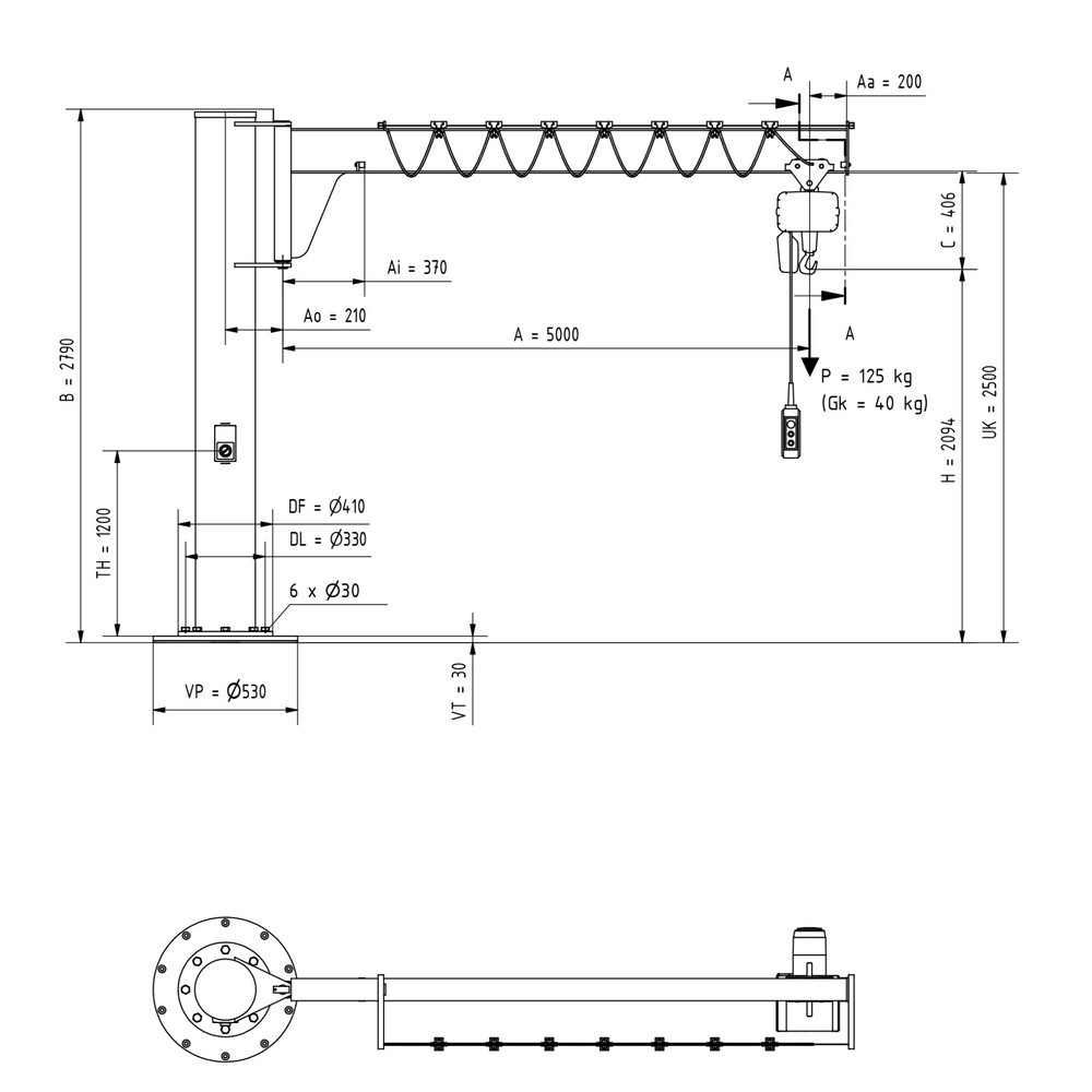 Immagine del prodotto n. 2: Gru orientabile VETTER® incl. paranco elettrico a catena LIFTKET, versione a colonna, ribassata, incl. materiale di fissaggio, sbraccio 5.000 mm, portata 125 kg