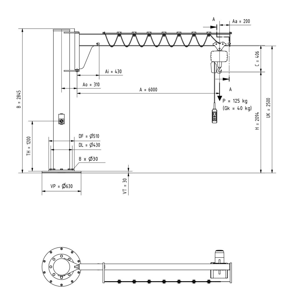 Immagine del prodotto n. 2: Gru orientabile VETTER® incl. paranco elettrico a catena LIFTKET, versione a colonna, ribassata, incl. materiale di fissaggio, sbraccio 6.000 mm, portata 125 kg