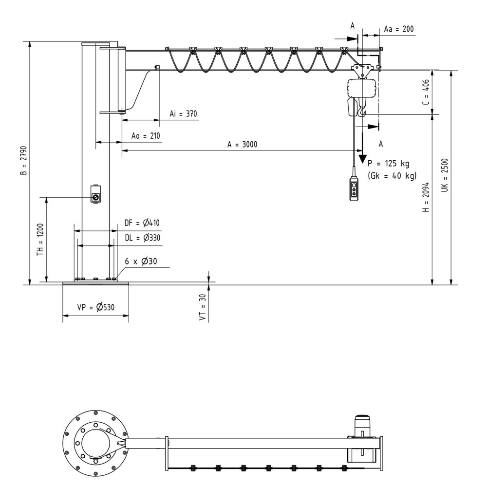 Immagine del prodotto n. 2: Gru orientabile VETTER® incl. paranco elettrico a catena LIFTKET, versione a colonna, ribassata, incl. materiale di fissaggio, sbraccio 3.000 mm, portata 125 kg
