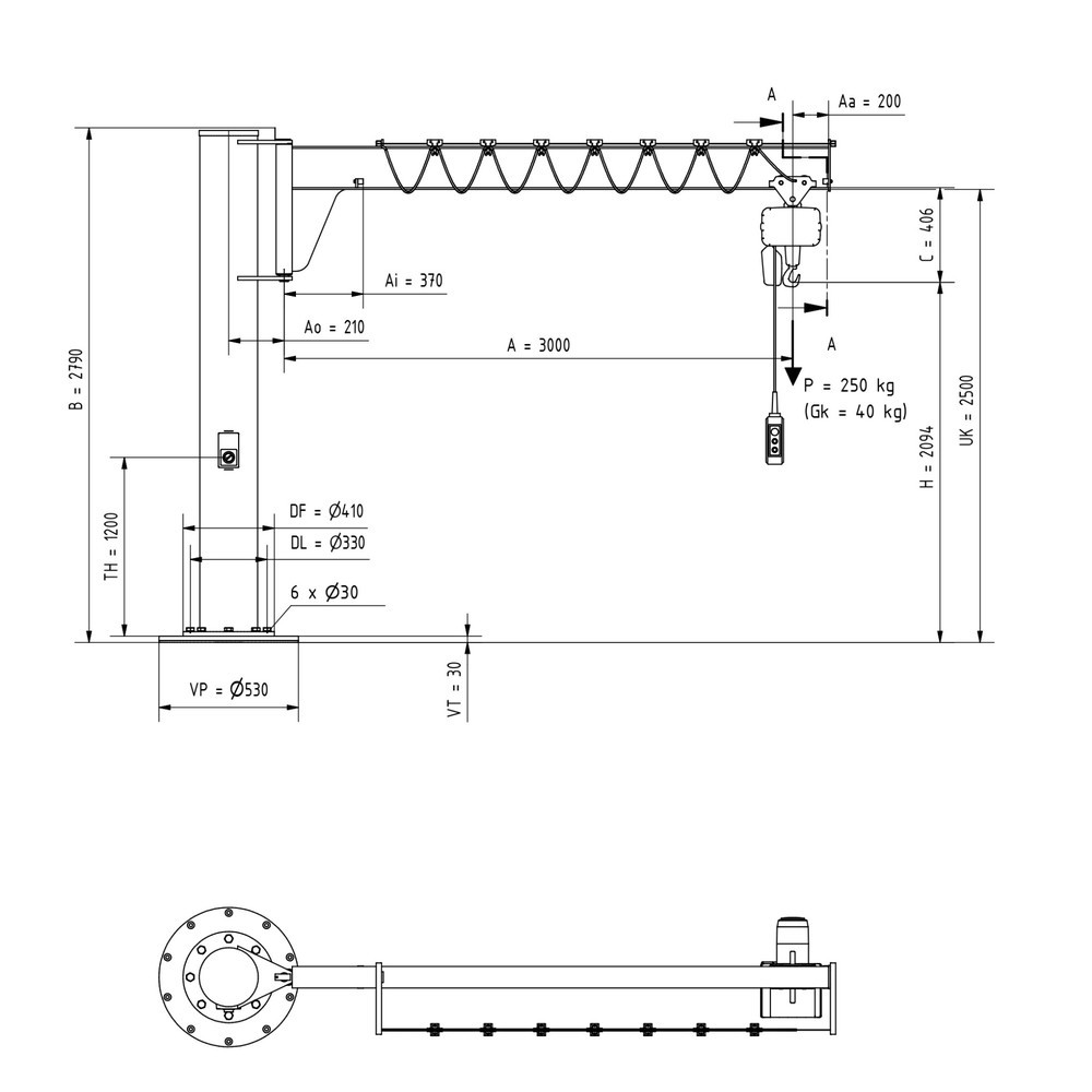 Immagine del prodotto n. 2: Gru orientabile VETTER® incl. paranco elettrico a catena LIFTKET, versione a colonna, ribassata, incl. materiale di fissaggio, sbraccio 3.000 mm, portata 250 kg