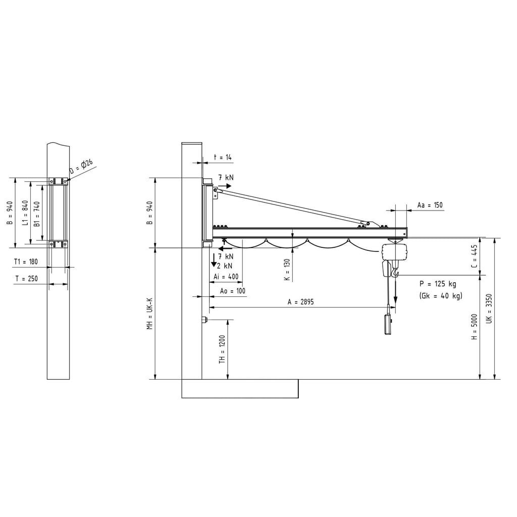 Immagine del prodotto n. 2: Gru orientabile VETTER® incl. paranco elettrico a catena LIFTKET, versione da parete, sbraccio 1.900 mm, portata 125 kg
