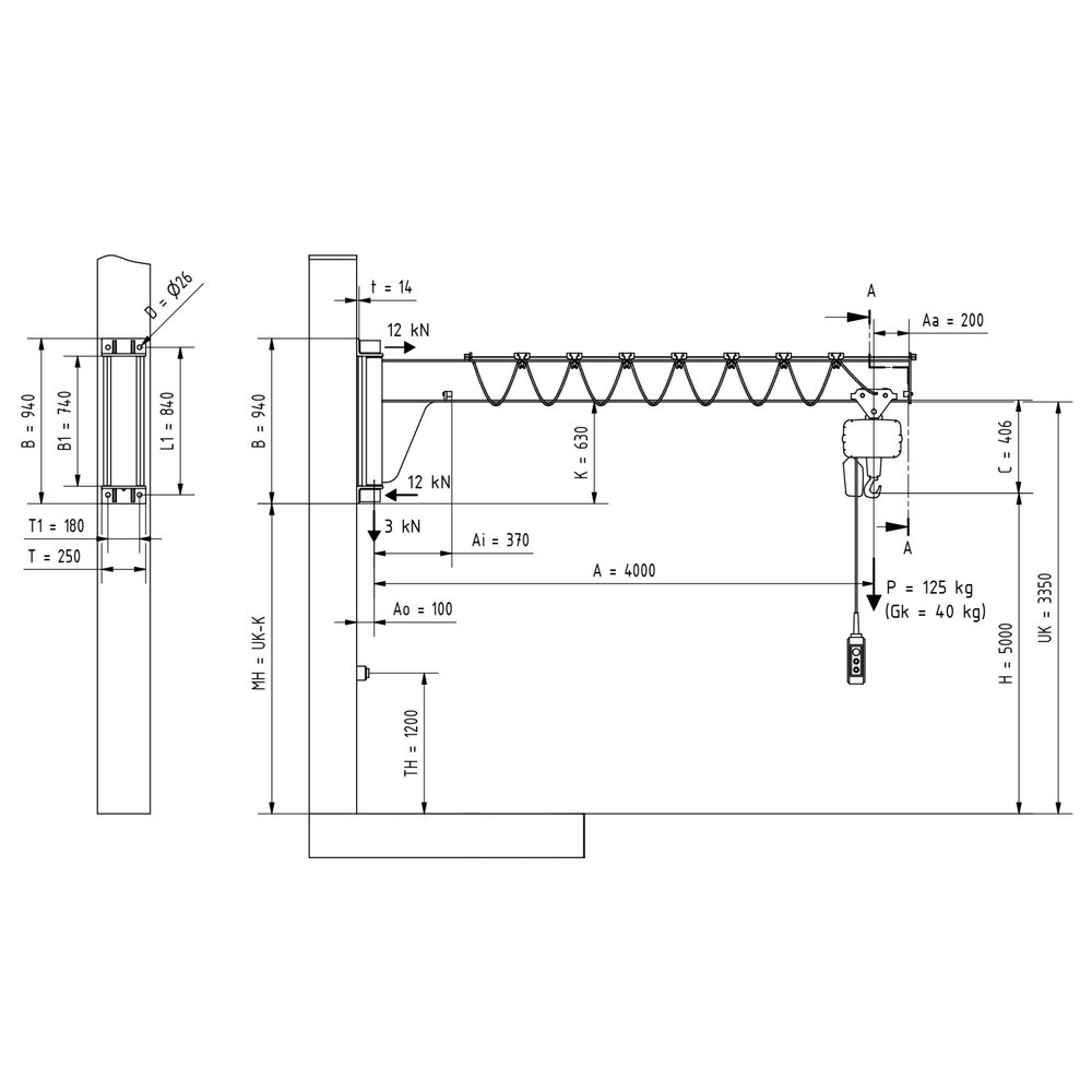 Immagine del prodotto n. 2: Gru orientabile VETTER® incl. paranco elettrico a catena LIFTKET, versione da parete, ribassata, sbraccio 4.000 mm, portata 125 kg