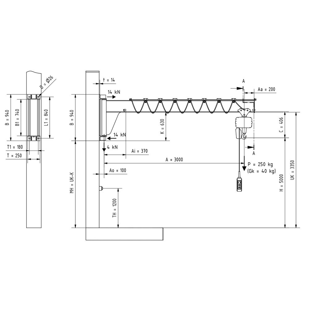 Immagine del prodotto n. 2: Gru orientabile VETTER® incl. paranco elettrico a catena LIFTKET, versione da parete, ribassata, sbraccio 3.000 mm, portata 250 kg