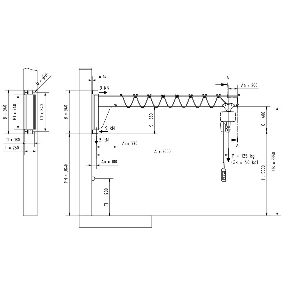 Immagine del prodotto n. 2: Gru orientabile VETTER® incl. paranco elettrico a catena LIFTKET, versione da parete, ribassata, sbraccio 3.000 mm, portata 125 kg