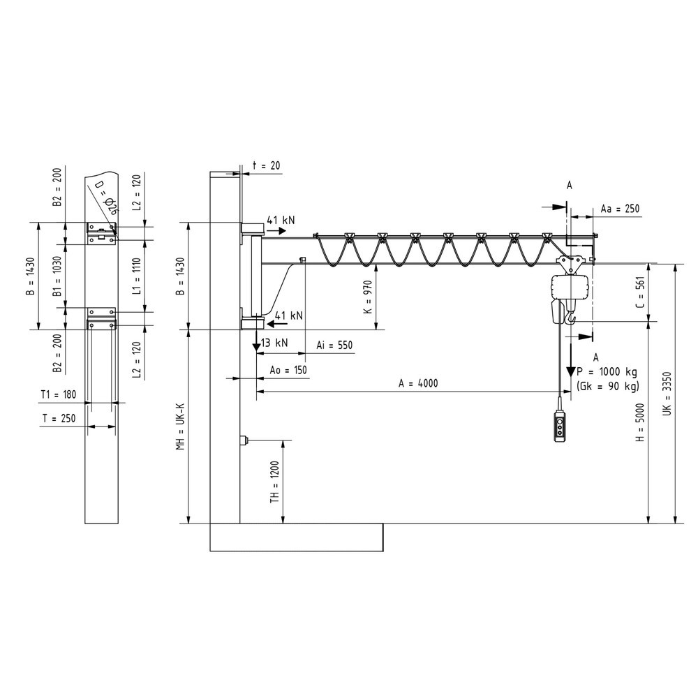 Immagine del prodotto n. 2: Gru orientabile VETTER® incl. paranco elettrico a catena LIFTKET, versione da parete, ribassata, sbraccio 4.000 mm, portata 1.000 kg