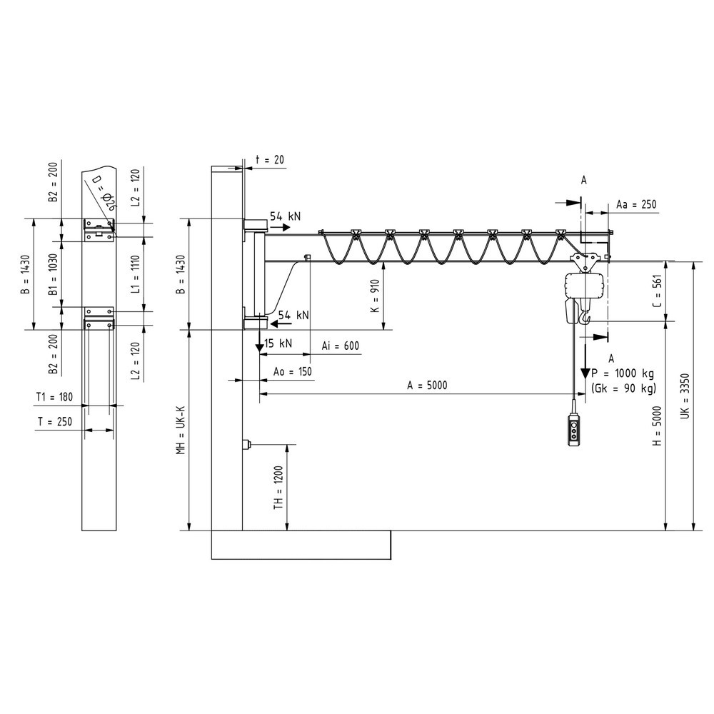 Immagine del prodotto n. 2: Gru orientabile VETTER® incl. paranco elettrico a catena LIFTKET, versione da parete, ribassata, sbraccio 5.000 mm, portata 1.000 kg