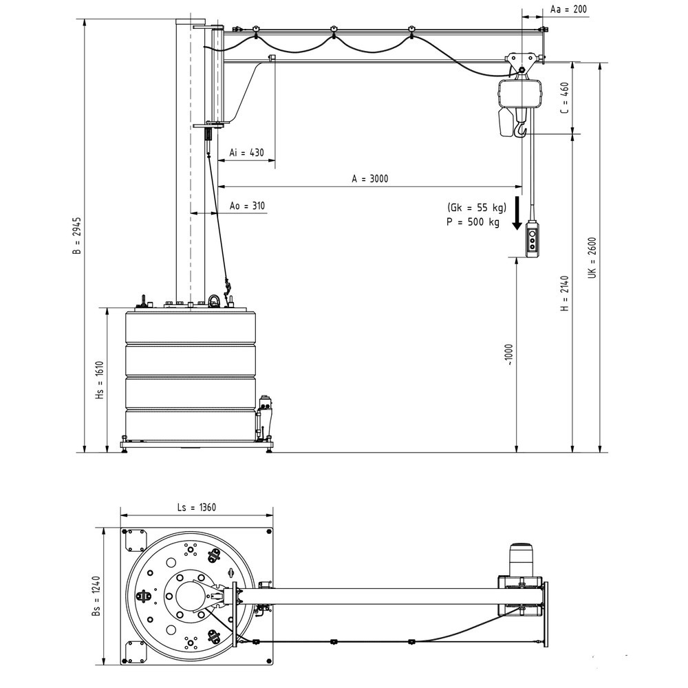 Immagine del prodotto n. 2: Gru orientabile VETTER® incl. paranco elettrico a catena LIFTKET, raggio di rotazione 270°, sbraccio 3.000 mm, portata 500 kg