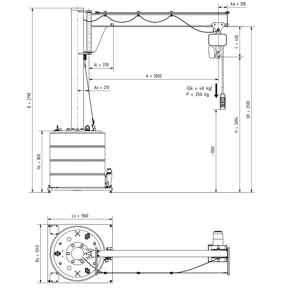 Immagine del prodotto n. 2: Gru orientabile VETTER® incl. paranco elettrico a catena LIFTKET, raggio di rotazione 270°, sbraccio 3.000 mm, portata 250 kg