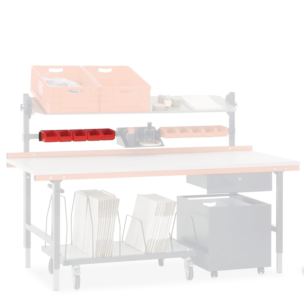 Guida di supporto con contenitori a bocca di lupo, per sistema con tavolo da imballaggio, incl. 5 cassette Immagine del prodotto: Guida di supporto con contenitori a bocca di lupo, per sistema con tavolo da imballaggio, incl. 5 cassette