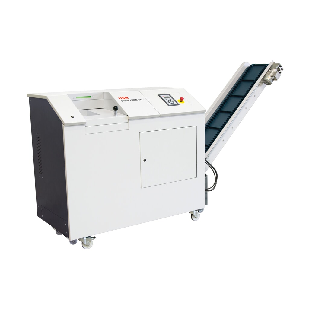 HSM Distruttore supporti dati StoreEx HDS 230, con nastro trasportatore, a una velocità, taglio in frammenti da 20 x 40-50 mm Immagine del prodotto: HSM Distruttore supporti dati StoreEx HDS 230, con nastro trasportatore, a una velocità, taglio in frammenti da 20 x 40-50 mm