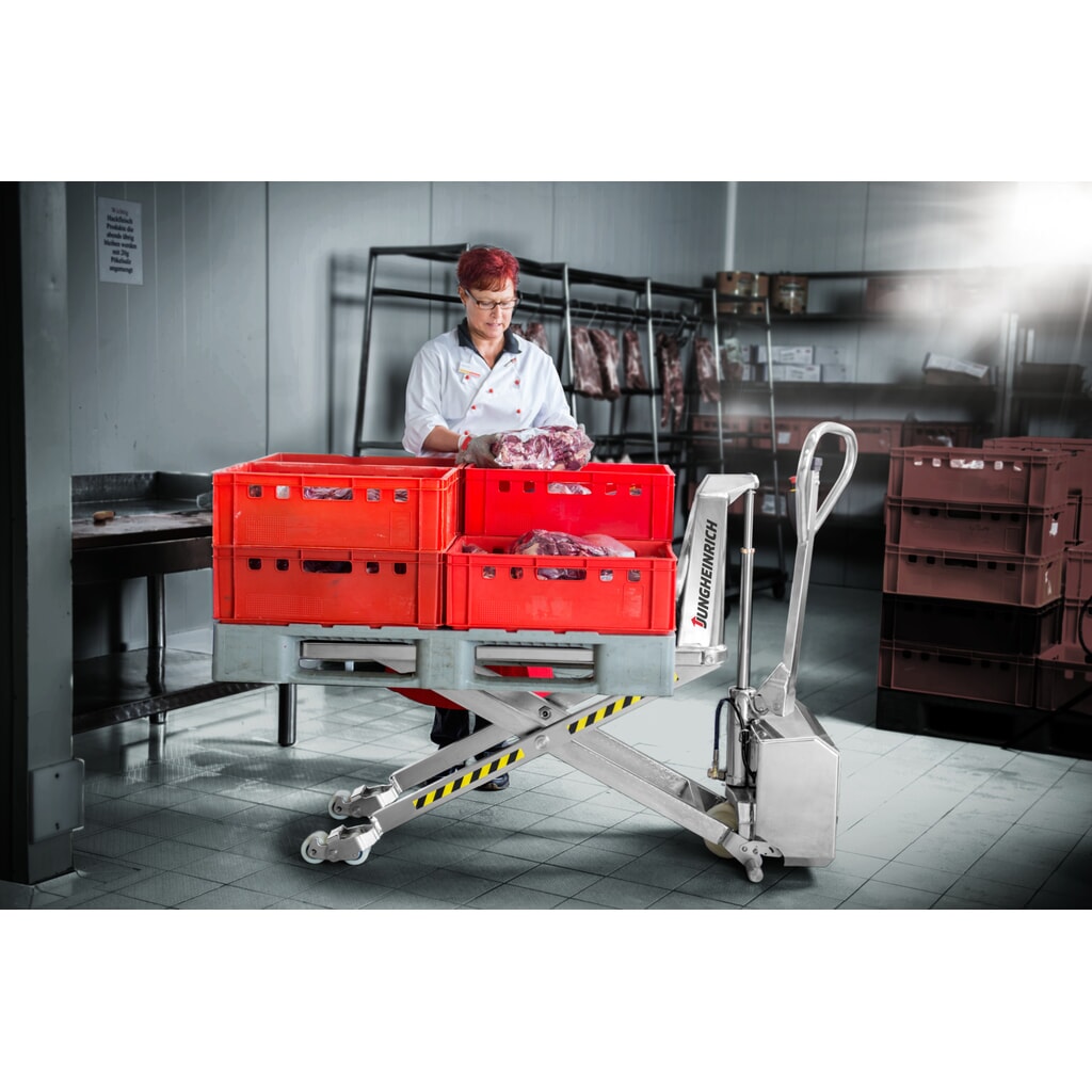 Transpallet a pantografo in acciaio inox Jungheinrich AM I15ep, portata professionale 1.500 kg, lunghezza forche 1.200 mm, nylon Immagine del prodotto n. 2: Transpallet a pantografo in acciaio inox Jungheinrich AM I15ep, portata professionale 1.500 kg, lunghezza forche 1.200 mm, nylon